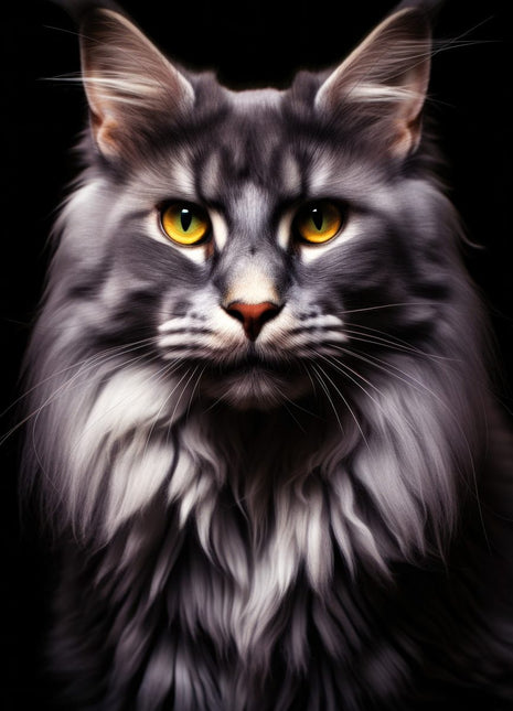 Silver-gray long-haired tabby with tufted ears, golden eyes, dark facial stripes and full pale chest ruff.