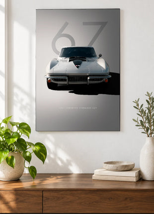 Silver Sixty-Seven car wall art displayed above a walnut console against a white wall