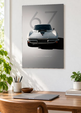 Silver Sixty-Seven car wall art displayed above a wooden desk against a white wall