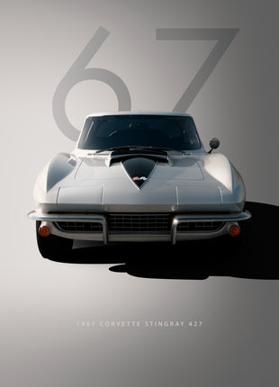 Silver sports coupe facing forward with a pointed black hood panel, chrome bumper, amber lamps, gray 67, and 1967 Corvette Stingray 427 lettering; Silver Sixty-Seven artwork