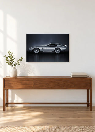 Silver Slipstream shown as horizontal acrylic wall art above a wooden console with a vase of leafy stems and stacked books.