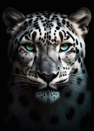 Pale silver spotted big cat with mint-green eyes, dark rosettes and blue shadows against black.