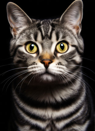 Front-facing silver tabby with green-gold eyes, black stripes, pale cheeks and white whiskers.