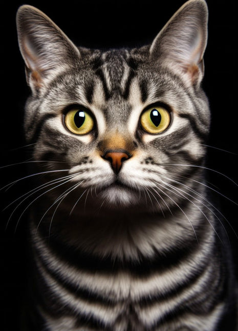 Front-facing silver tabby with green-gold eyes, black stripes, pale cheeks and white whiskers.