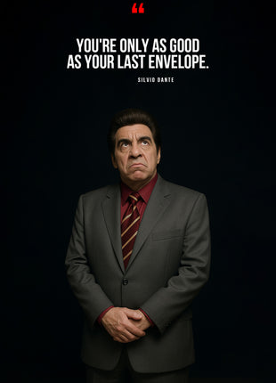 Silvio Dante in a dark portrait beneath white quotation text and a red quotation mark.