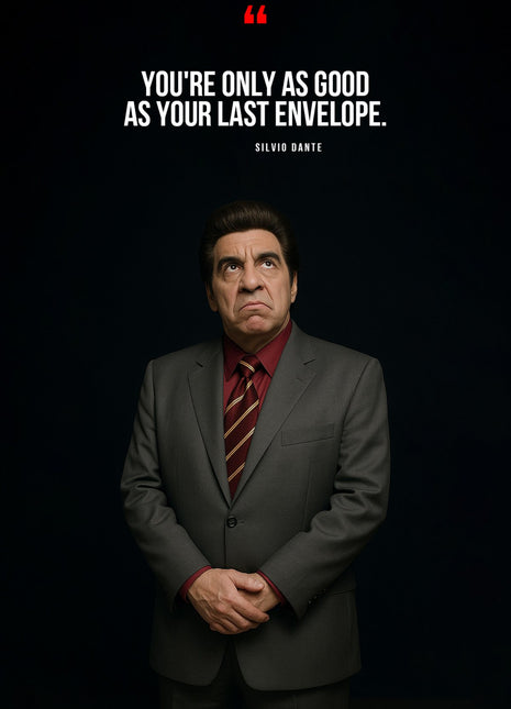 Silvio Dante in a dark portrait beneath white quotation text and a red quotation mark.