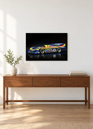 Six at Full Sweep shown as horizontal acrylic wall art above a wooden console with a vase of leafy stems and stacked books.