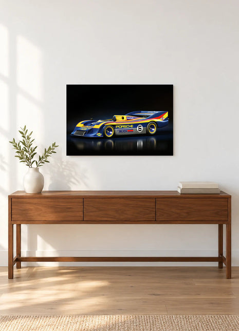 Six at Full Sweep shown as horizontal acrylic wall art above a wooden console with a vase of leafy stems and stacked books.
