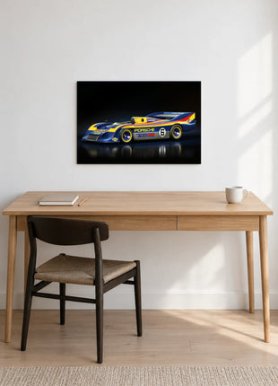 Six at Full Sweep shown as horizontal acrylic wall art above a wooden desk with a notebook, pencil and white mug.