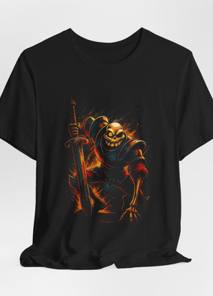 Draped front view of the black Skeleton Knight Guarding the Blade Graphic T-Shirt.