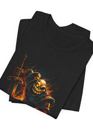 Folded view of the black Skeleton Knight Guarding the Blade Graphic T-Shirt.