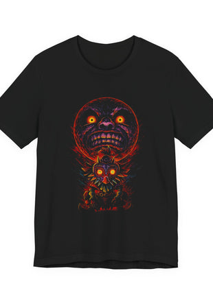 Black T-shirt front with Skull Kid in Majora’s Mask beneath a giant red-purple moon with glowing yellow eyes.