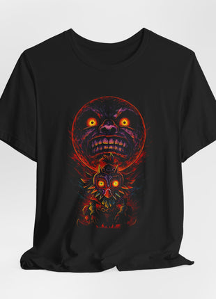 Gathered front of a black T-shirt displaying Skull Kid, the spiked mask and the looming red-purple moon.