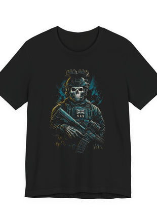 Black T-shirt front showing a skull-masked soldier with helmet-mounted optics and a rifle in teal-blue light.