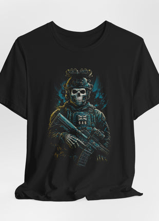 Gathered black T-shirt front with a skull-masked tactical figure, skeleton-patterned gloves and a diagonal rifle.