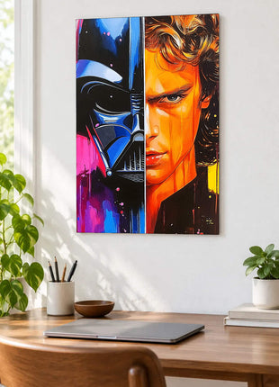 Vader and Anakin split portrait in black, blue, hot pink and orange paint displayed above a desk in a room setting