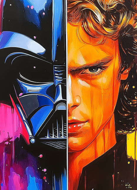 Vader and Anakin split portrait in black, blue, hot pink and orange paint
