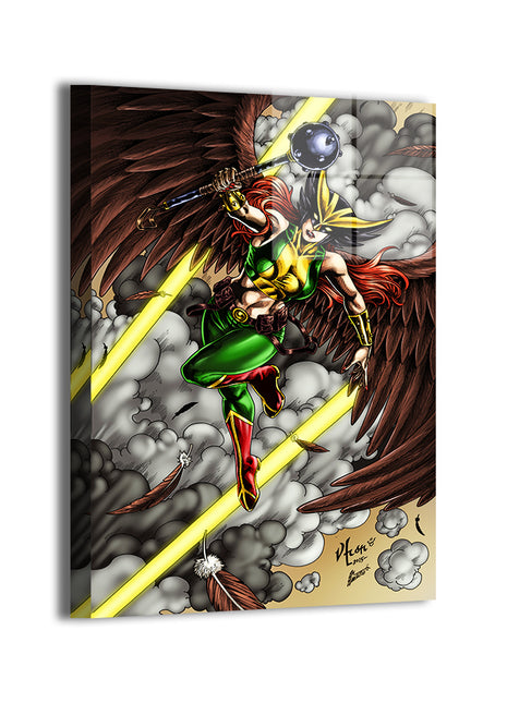 Large-scale metal print of Hawkgirl with lightning and wings