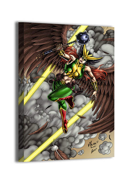 Hawkgirl descending with mace through storm – large canvas print
