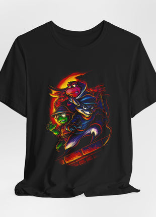 Draped front view of the black Sly Cooper Crew Thieves Trio Graphic T-Shirt.