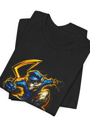 Folded black Sly Cooper T-shirt showing his blue cap, masked face, blue clothing and gold cane.