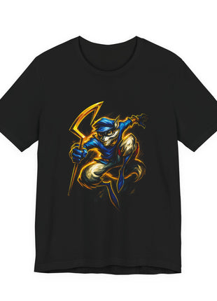 Front of a black T-shirt featuring Sly Cooper leaping with a gold hooked cane and curled striped tail.