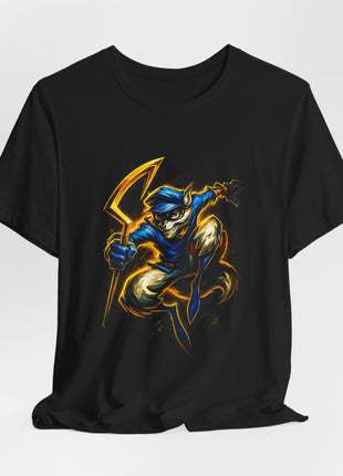 Black Sly Cooper T-shirt with a gathered hem, displaying the full leaping-raccoon front artwork.