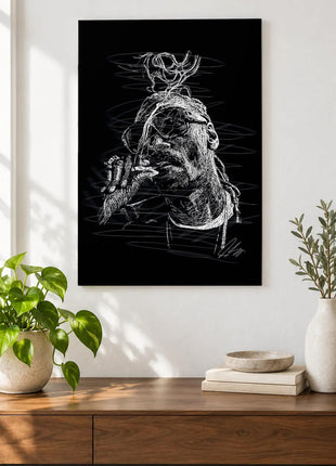 Smoke Above the Shades acrylic wall art displayed above a wooden console with plants and books against a white wall.