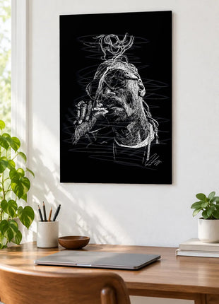 Smoke Above the Shades acrylic wall art displayed above a wooden desk with a laptop, plants and books against a white wall.