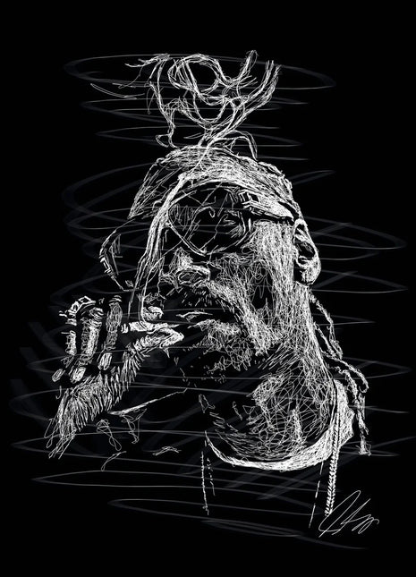 Smoke Above the Shades: frames a man in sunglasses with a hand held near his mouth.