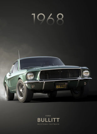 Green Bullitt fastback against smoke beneath 1968 in Smoke Show Fastback wall art, full artwork view
