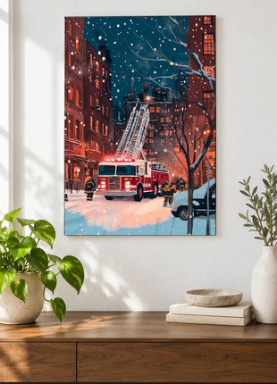 Snowfall on the Night Shift wall art displayed above a walnut console against a white wall