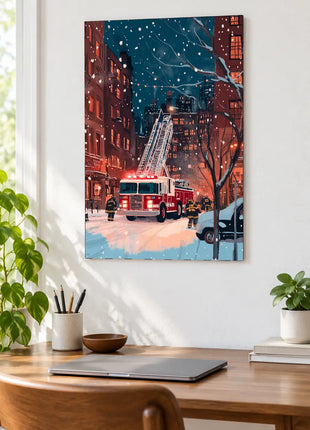 Snowfall on the Night Shift wall art displayed above a wooden desk against a white wall