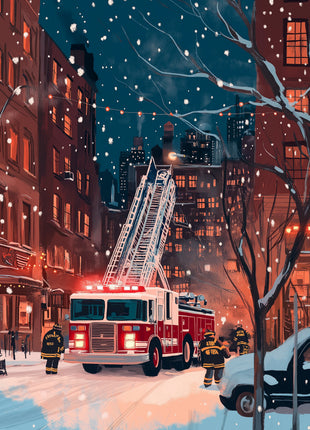 Red ladder fire engine and firefighters on a snowy city street at night, framed by brick buildings, warm windows, bare branches, and a partial parked car; Snowfall on the Night Shift artwork