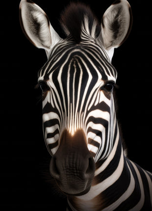 Close zebra portrait with softly lit gray ears, narrow stripes and a dark muzzle against black.