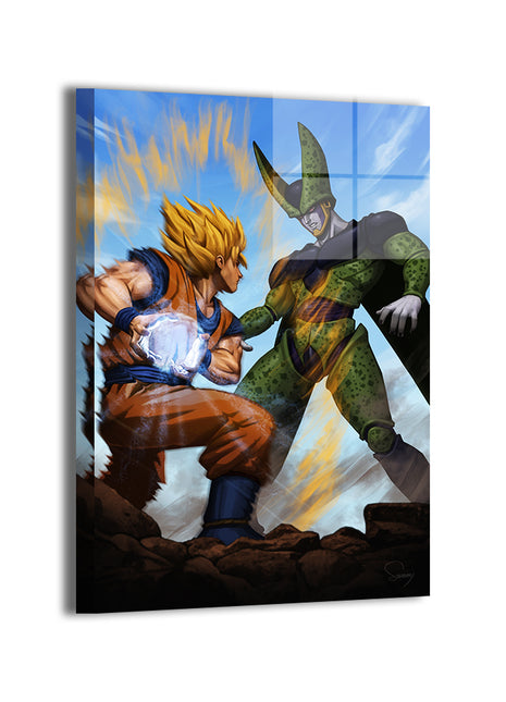 Goku vs Cell showdown DBZ artwork; metallic sheen, ready to hang.