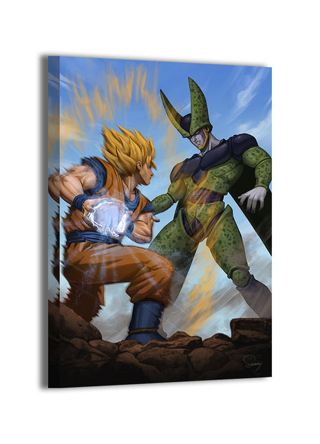 Super Saiyan Goku vs Cell DBZ battle scene by Sam Dela Torre; gallery-wrapped.