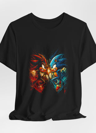 Draped front view of a black T-shirt with red-lit Shadow facing blue Sonic in matching raised-knee action poses.