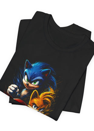 Folded black T-shirt close-up of Sonic’s green eyes and raised fist above Tails, with fine fur-like shading.