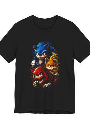 Front of a black T-shirt showing blue Sonic, orange Tails and red Knuckles in a vertical action portrait montage.
