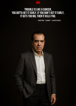Sonny Lospecchio in a dark portrait beneath white quotation text and a red quotation mark.