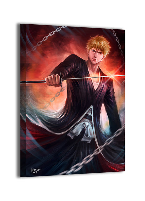 Dynamic portrait of Ichigo surrounded by spirit energy and motion effects; canvas wall art by Nopeys.