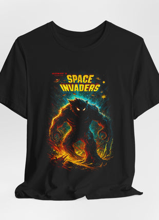 Gathered black T-shirt front displaying the full Space Invaders monster poster in cyan, yellow and orange.