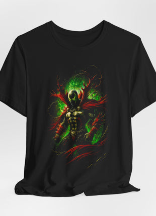 Draped front view of the black Spawn Green Hellfire Graphic T-Shirt.