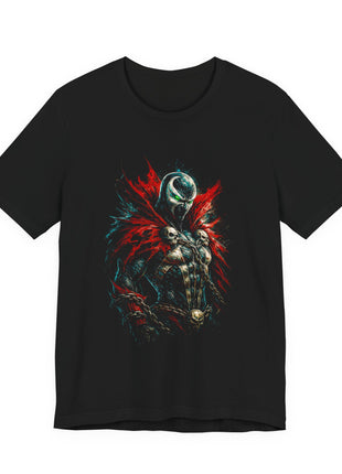 Front of a black T-shirt featuring Spawn with green eyes, a jagged red cape, skull clasps and chains.