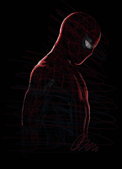 Spider-Man in Red Silence: shows Spider-Man in a turned side portrait, his red mask and shoulder outlined against deep black.