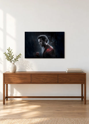 Spider-Man Quiet in the Rain acrylic wall art displayed above a wooden console with a leafy vase and stacked books against a white wall.