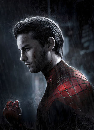 Spider-Man Quiet in the Rain original artwork: shows an unmasked Spider-Man in profile, his red webbed suit dimly visible beneath falling rain.