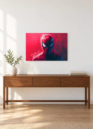 Spider-Man Scarlet Signal acrylic wall art displayed above a wooden console with a leafy vase and stacked books against a white wall.
