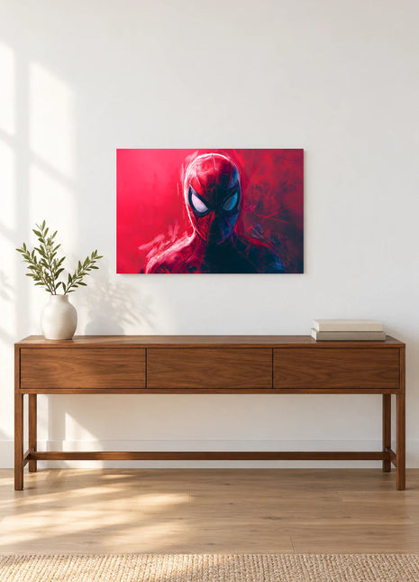 Spider-Man Scarlet Signal acrylic wall art displayed above a wooden console with a leafy vase and stacked books against a white wall.